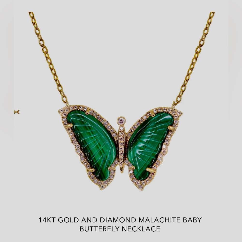 Luna Skye 14k Gold & Diamond Malachite baby butterfly necklace. - Picture 3 of 15